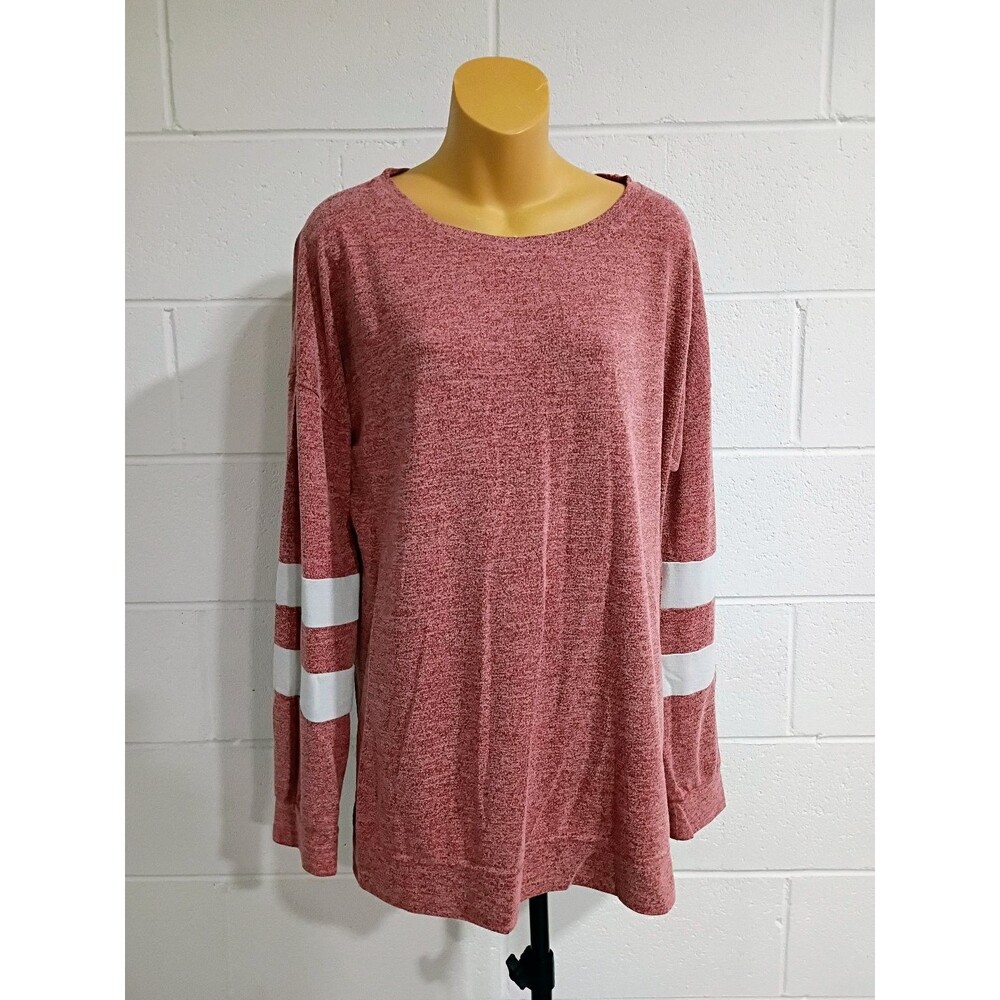 Women's XL Red Heathered Long Sleeve Top White Stripe Pullover Casual Blouse